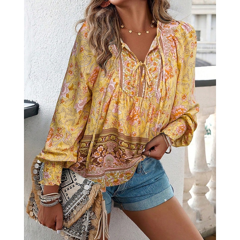 Women's Boho Shirt Blouse Flower Modern Boho Long Sleeve V Neck Regular Tops Daily Going out Print Yellow Pink Navy Blue Blue Orange Summer2