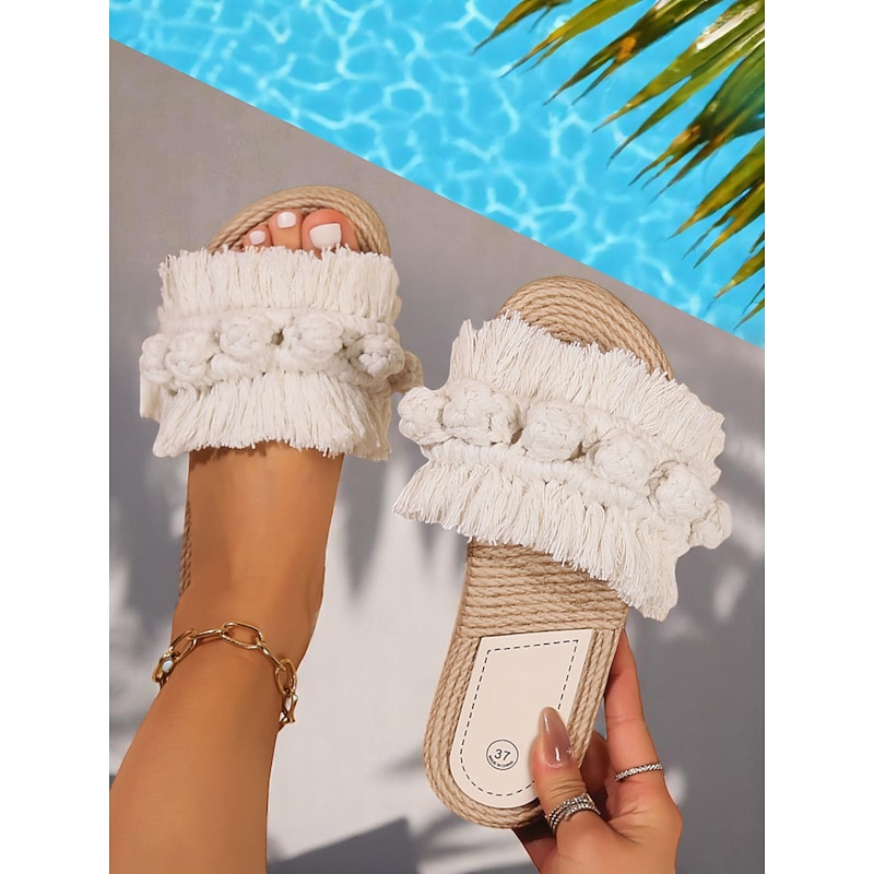 Women's Fringe Slip-On Sandals – Bohemian Macrame Flats for Poolside, Vacation & Casual Summer Days3