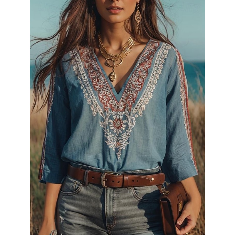 Women's Blouse Floral Graphic Bohemia Vintage Daily 3/4 Length Sleeve Crew Neck Boat Neck Regular Tops Daily Holiday Vacation Wear Print Blue Summer Spring