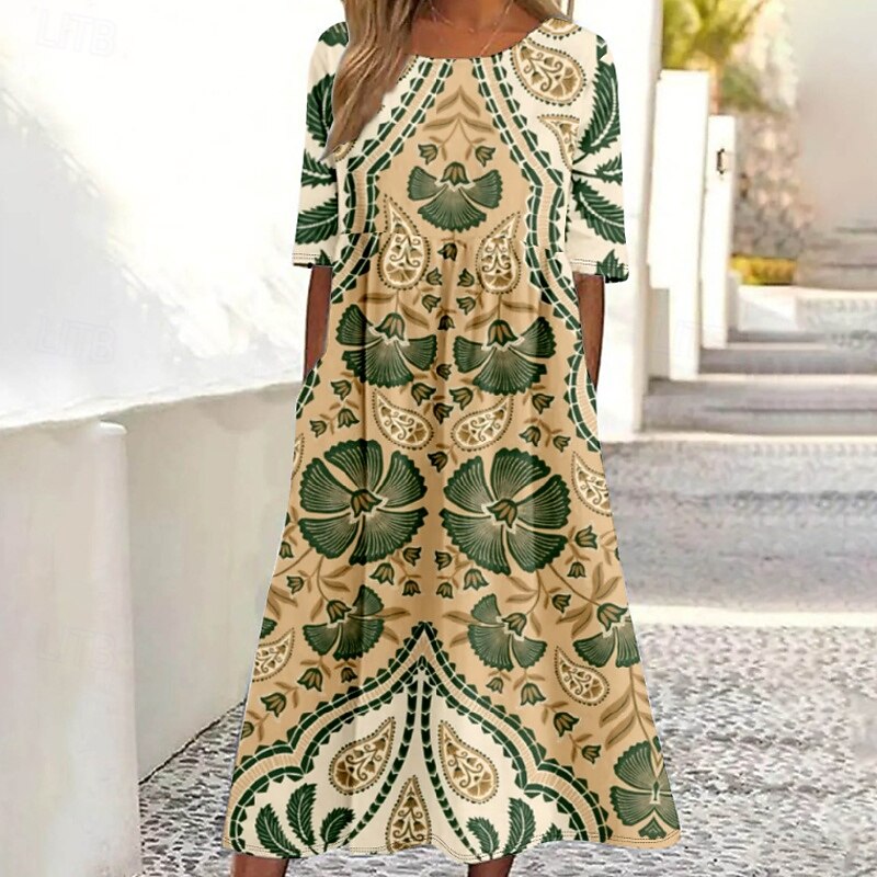 Women's Midi Dress Floral Dress Print Dress Fashion Classic Modern Outdoor Daily Holiday Regular Fit Flower Short Sleeve Crew Neck White Green Fall3