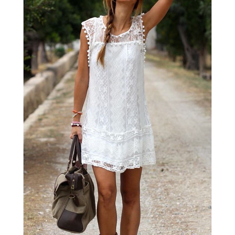 Women's Mini Dress White Dress Fashion Classic Modern Outdoor Vacation Holiday Regular Fit Plain Sleeveless Crew Neck Black White Red Summer