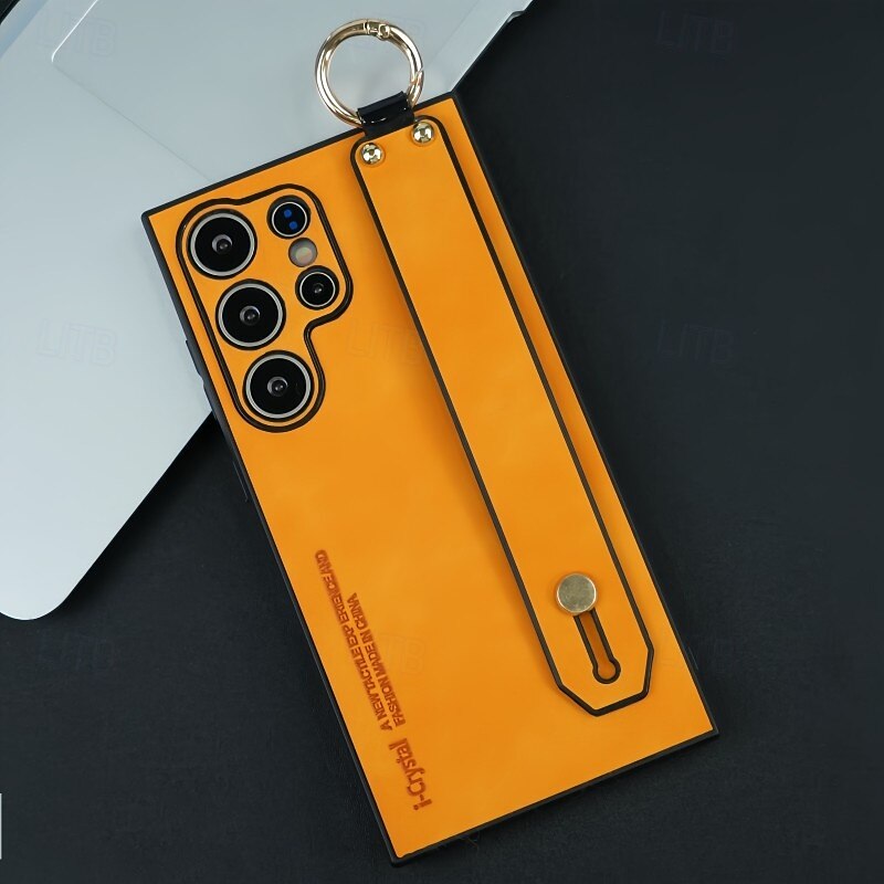 Phone Case For Apple AirTag S25 S24 S23 Ultra Plus S22 Back Cover Ring Holder with Wrist Strap Shockproof TPU PC PU Leather3