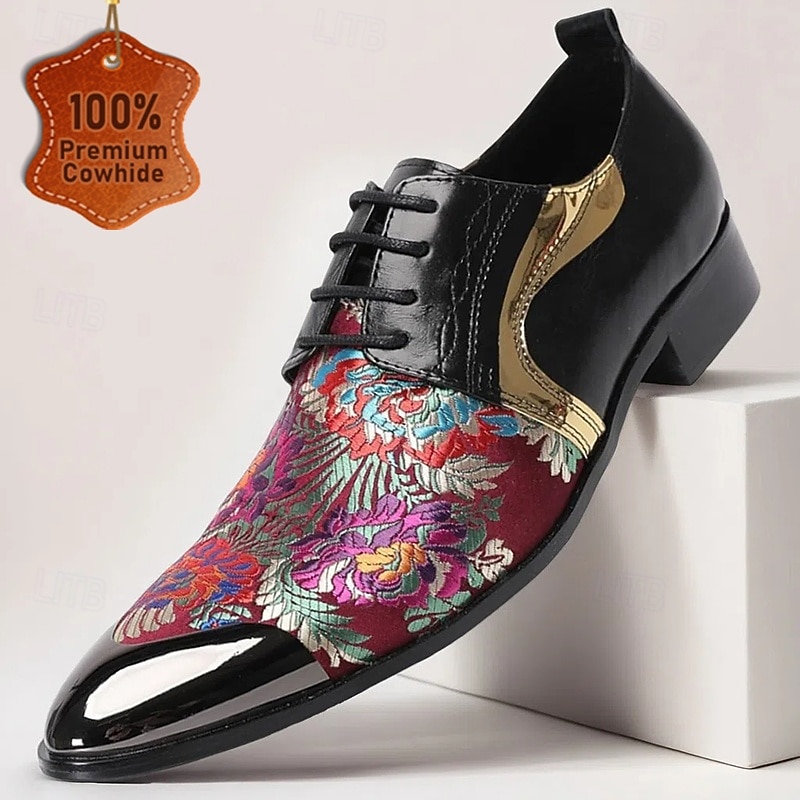 Men's Red and Purple Floral Patterned Leather Oxford Shoes with Gold Tip Lace-up Design–Elegant, Fashion-forward, Ideal for Formal Occasions and Parties