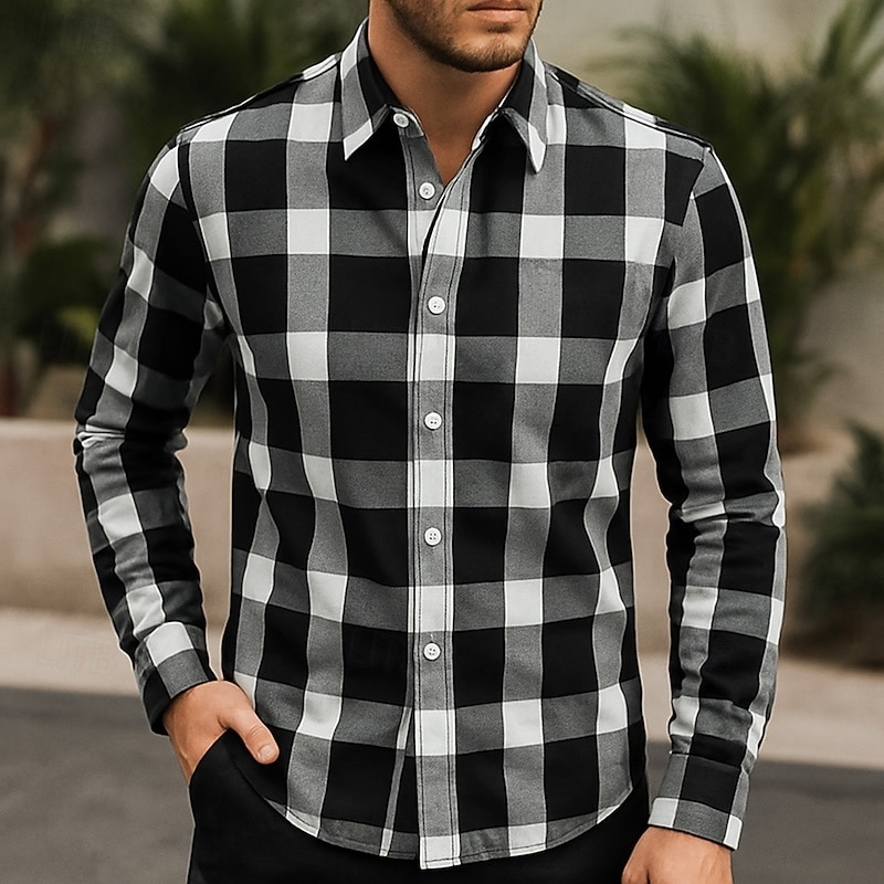 Men's Shirt Summer Shirt Casual Shirt Beach Shirt Button Up Shirt Black White Red Brown Long Sleeve Plaid Lapel Vacation Hawaiian Clothing Apparel Polyester Fashion Casual Comfortable4