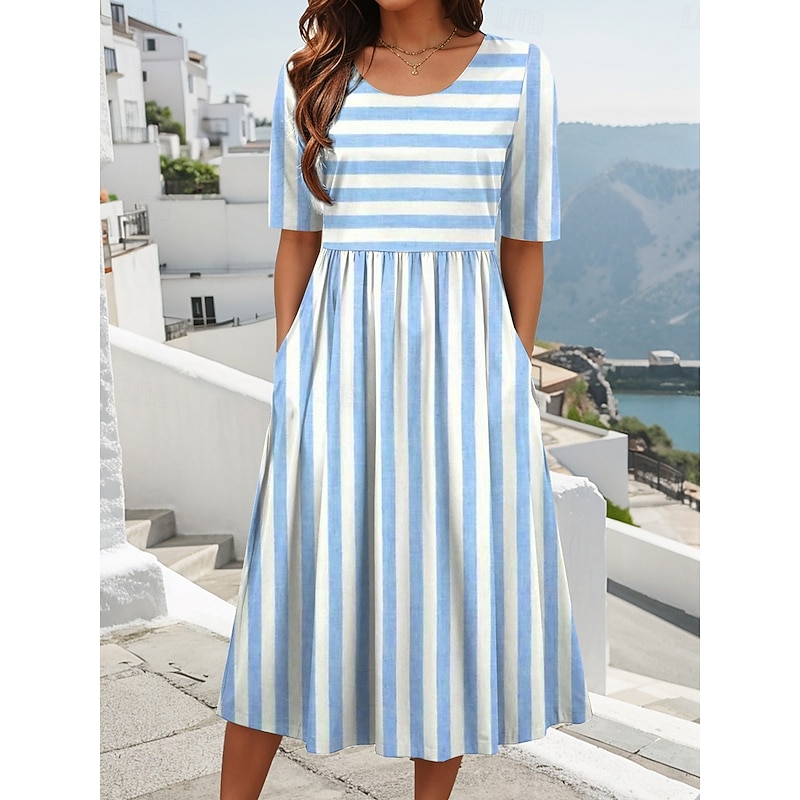 Women's Midi Dress Summer Dress Pleated Dress Vacation Casual Holiday Loose Fit Graphic Striped Half Sleeve Crew Neck Light Green Pink Blue Purple Summer