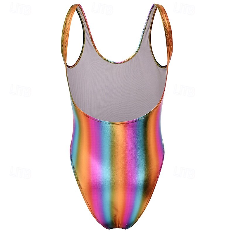 Retro Vintage 1980s Rave Swimsuit One Piece Bodysuits Disco Shiny Latex Patent Metallic Rainbow Fancy Dress Women's Halloween Carnival Music Festival Beach Vacation Wear Pride Parade Adults' Leotard3