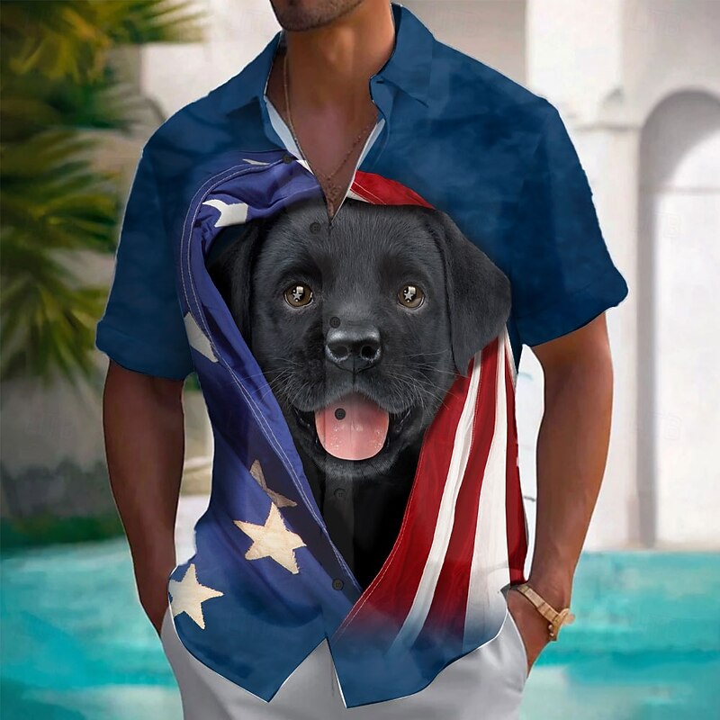 Patriotic Black Lab Puppy by VINCENT HIE Men's Independence Day American US Flag Button Up Shirt Short Sleeve Designer Shirt Limited Artist Edition