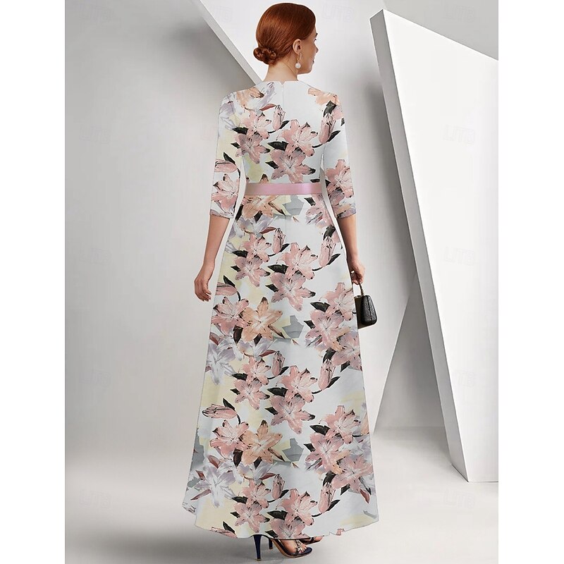 A-Line Mother of the Bride Dress Elegant FLoral Print Queen Anne Floor Length Satin 3/4 Length Sleeve with Race Day Dress Wedding Guest Dress2