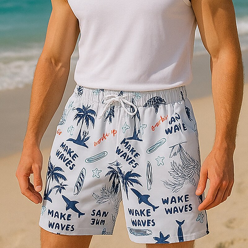 Men's Shorts Beach Shorts Drawstring Graphic Leaf Tree Quick Dry Outdoor Knee Length Outdoor Vacation Home Vacation Ethnic Style White & Blue Dark Blue Micro-elastic