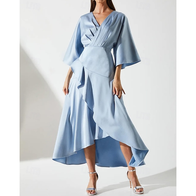SkyA-Line Mother of the Bride Dress Elegant Simple Luxurious V Neck Asymmetrical Floor Length Wedding Guest Dress Satin 3/4 Length Sleeve with Pleats Ruffles