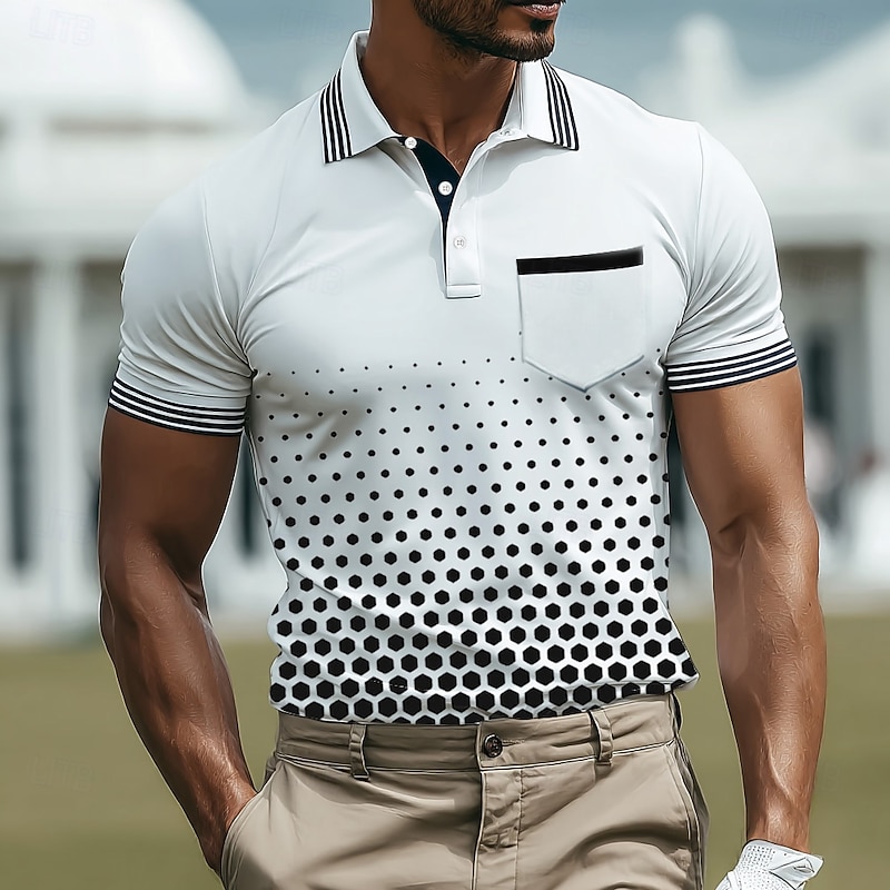 Men's Geometic Polo Short Sleeve Polo Shirts Collared Shirts Business Casual Outdoor Athleisure Daily Wear Buttons 3D Print Summer Black Blue Green