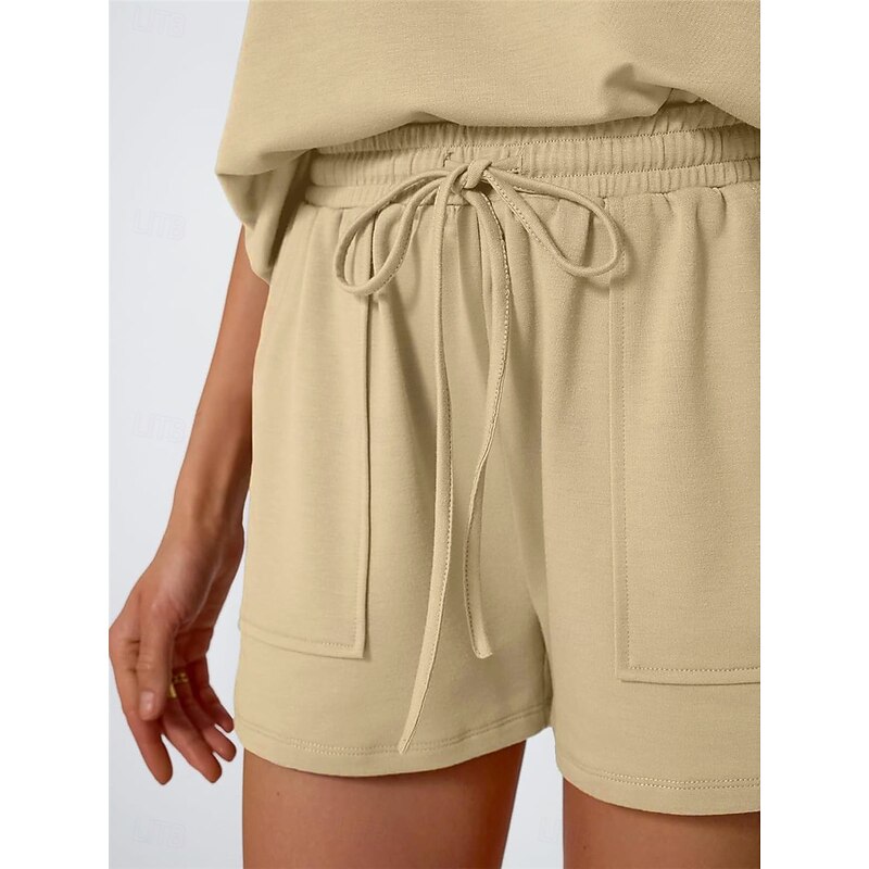 Women's 2 Pieces Fashion Streetwear Daily Shorts Sets Short Sleeve Round Neck Solid Color Drawstring Casual Daily Black Fuchsia Khaki Summer Regular Fit4
