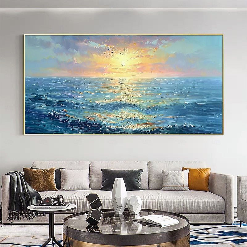 Handmade Original Sunset Ocean Oil Painting On Canvas Abstract Seascape Wall Art for Home Decor With Stretched Frame Without Inner Frame Painting4