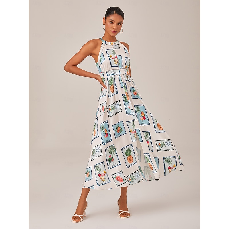 Seamless Pattern Print Halter Neck Maxi Dress3