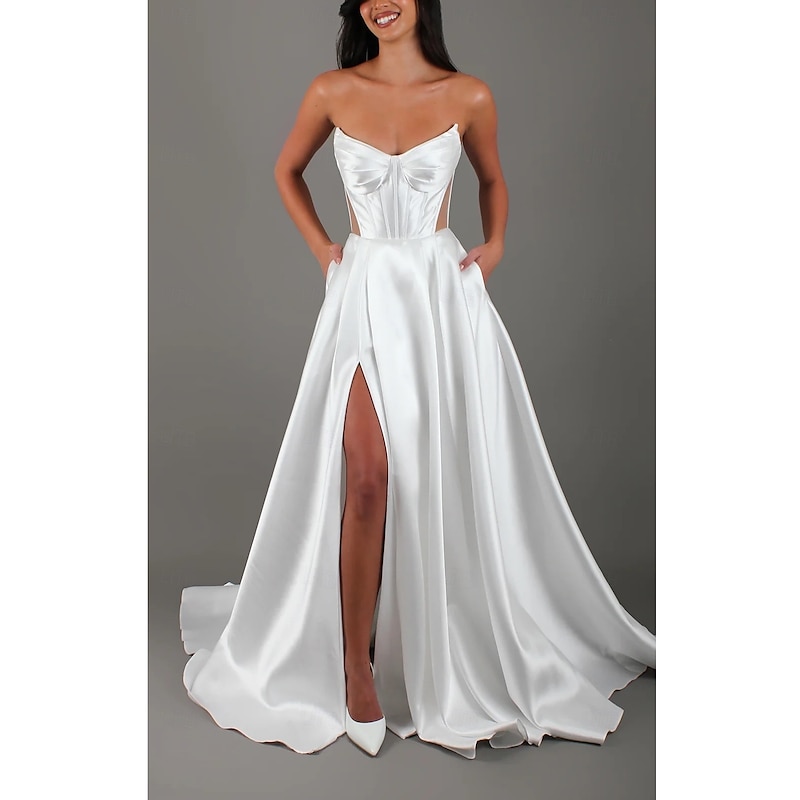 White Satin Strapless Boned Wedding Dress with a Sexy Side Slit Back Lacing and a Small Train 2025 2025 - $150.99