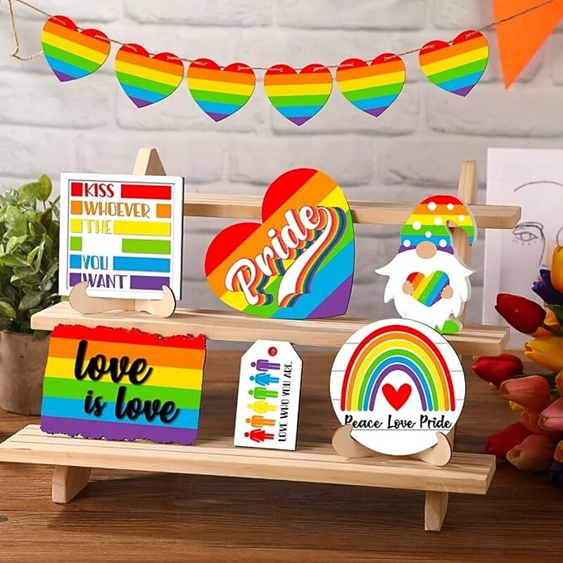 Pride Tiered Tray Decor Rainbow LGBTQ Wooden Tray Centerpieces Decoration Colorful Heart Wood Tabletop Love is Love Signs Blocks with Holder for Pride Month Party Office Home Decor4