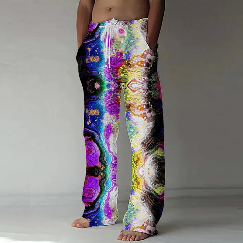 Men's Marble Abstract Liquid Art Trousers Baggy Pants Casual Pants Mid Waist Casual Outdoor Vacation Drawstring Side Pockets Elastic Waist Summer Spring 3D Print Black Green Dark Blue