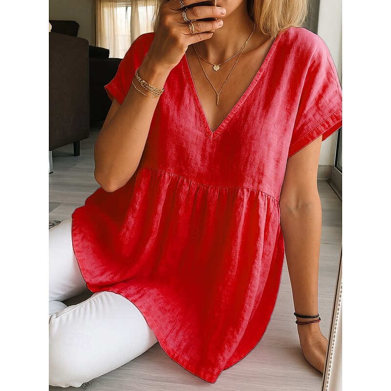 Women's Summer Tops Casual Short Sleeve V Neck Regular Tops Light Green Pink Red Dusty Blue Summer  Shirt Blouse Cotton Linen Shirts Plain Basic Modern Shirt4