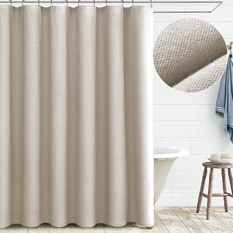 Linen Feel Shower Curtain with 12 Hooks Beige Boho Farmhouse Shower Curtains for Bathroom Natural Cloth Cotton Fabric Liner