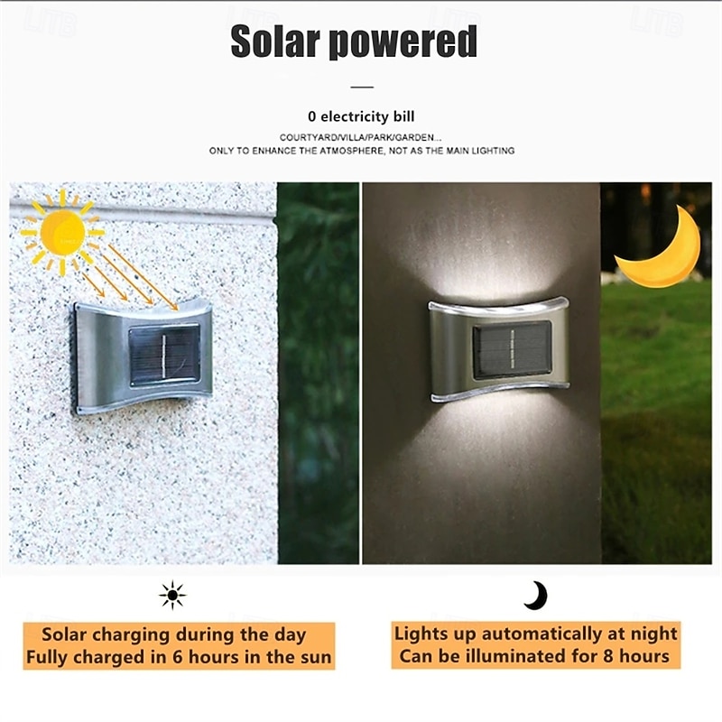 Solar Wall Lights Outdoor Stainless 6LED Waterproof Wall Lamp for Balcony Patio Courtyards Fence Lamps Nighttime Decor Easy Instal Garden Decor Solar Outdoor Wall Light4