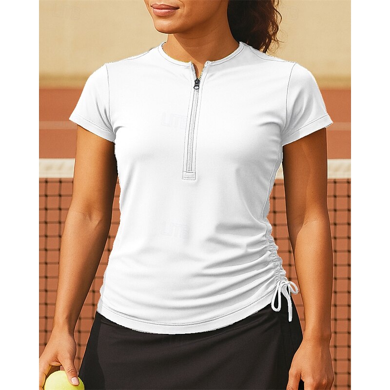 Women's Solid Colored Tennis Top Short Sleeves Drawstring Sweat-Wicking Moisture Wicking Breathable Tennis Golf Pickleball Zip Collar White Dark Green Purple Tennis Clothing4