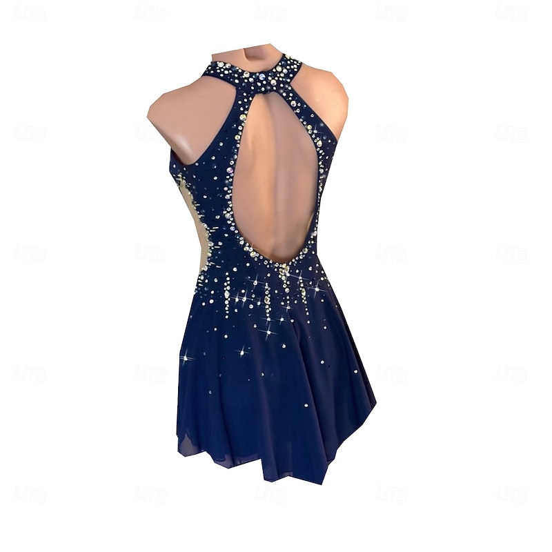 Figure Skating Dress Women's Girls' Ice Skating Dress Dark Blue Thumbhole Halo Dyeing High Elasticity Professional Competition Skating Wear Thermal Warm Crystal / Rhinestone Sleeveless Ice Skating3
