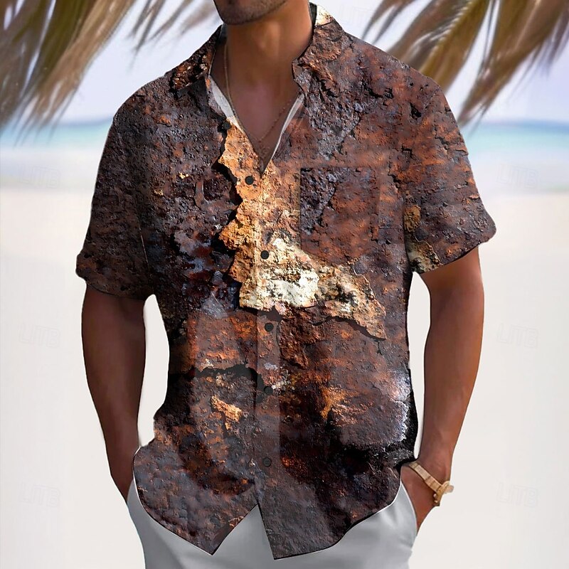 Men's Vintage Distressed Rust Print Shirt Summer Shirt Button Up Shirt Short Sleeve Vintage Retro Outdoor Vacation Dailywear Summer Spring Turndown 3D Print Collared Shirts Front One Pocket Brown