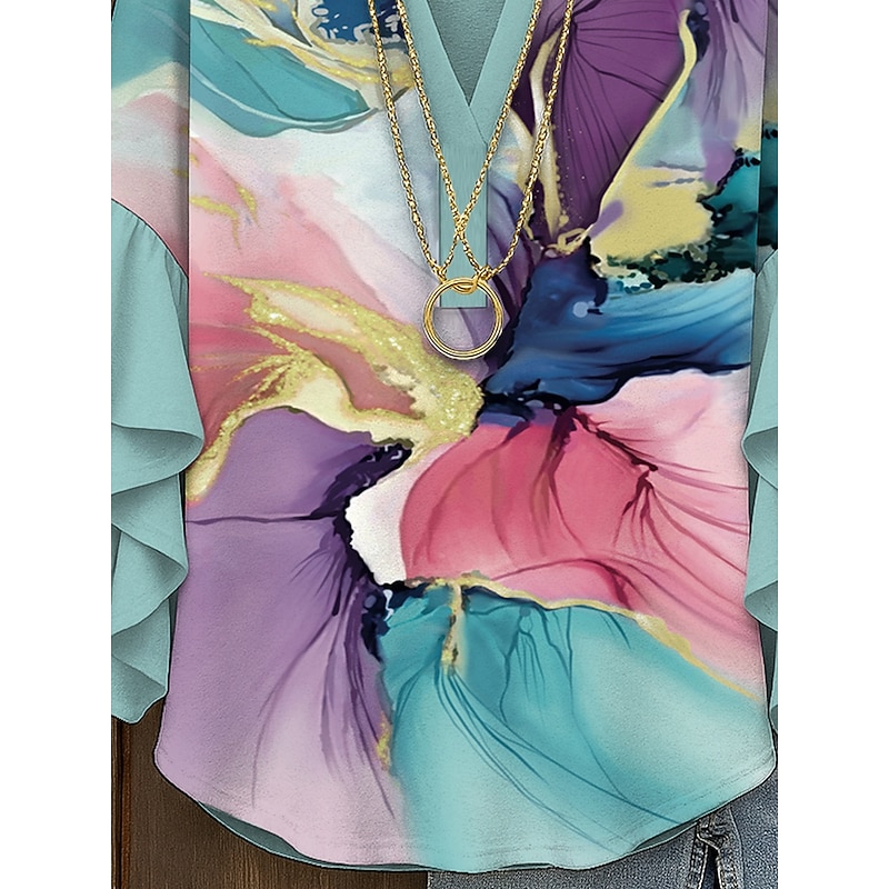 Women's Blouse V Neck Layered Ruffle Sleeve Tops Ombre Graphic Abstract Bohemia Vintage Daily 3/4 Length Sleeve Regular Tops Daily Holiday Vacation Wear Print Pink Blue Green Summer Spring Fall3