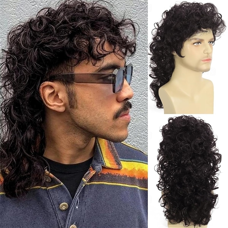 Brown Curly Mullet Wigs for Men 80s Long Curly Hippie Rocking Party Cosplay Costume Anime Hair Wig Halloween Wigs