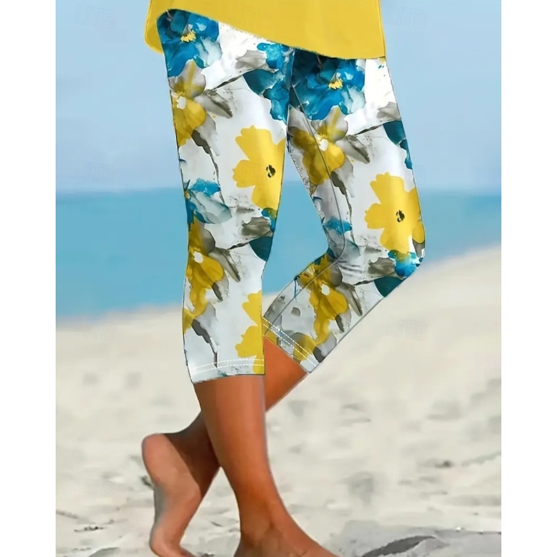 Women's Capri Pants Leggings Cozy Leggings Streetwear Casual Calf-Length Natural Floral Print Comfy Outdoor Comfortable Outdoor Vacation Casual Daily Yellow Blue Summer Regular Fit