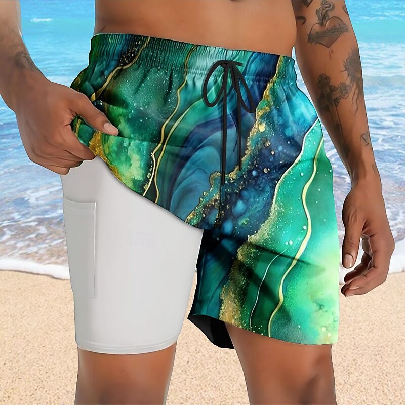 Men's Geometric Marble Abstract Art Lined Shorts 2 in 1 Board Shorts Swim Shorts Mid Waist Hawaiian Vacation Holiday Beach Wear Side Pockets With Compression Liner Elastic Drawstring Waist Designer
