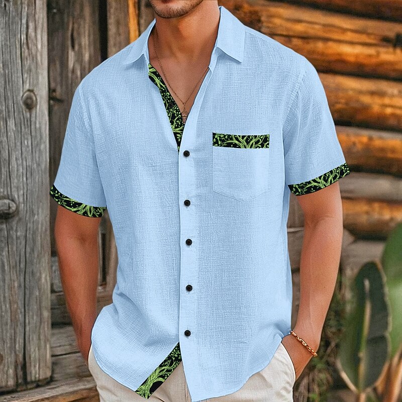 Men's Shirt Linen Shirt Viking Style Summer Shirt Beach Wear Button Up Shirt Solid Color Vacation Curise Black White Pink Khaki Short Sleeve Collar Summer Spring & Summer Clothing Apparel Patchwork4