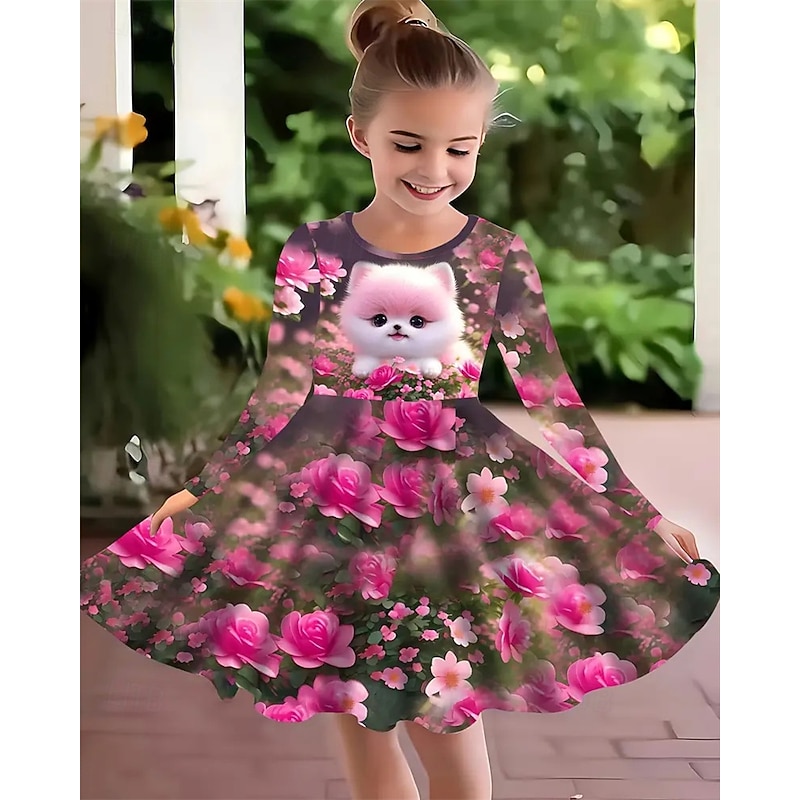 Girls' 3D Floral Dog Dress Long Sleeve Summer Spring Vacation Daily Holiday Princess Beautiful Sweet Kids 4-12 Years Casual Dress A Line Dress Knee-length Regular Fit