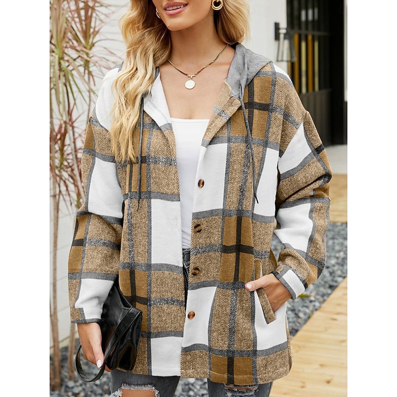 Women's Casual Jacket Dailywear Button Plaid Casual / Daily Vintage Loose Fit Outerwear Long Sleeve Summer Wine Red S4