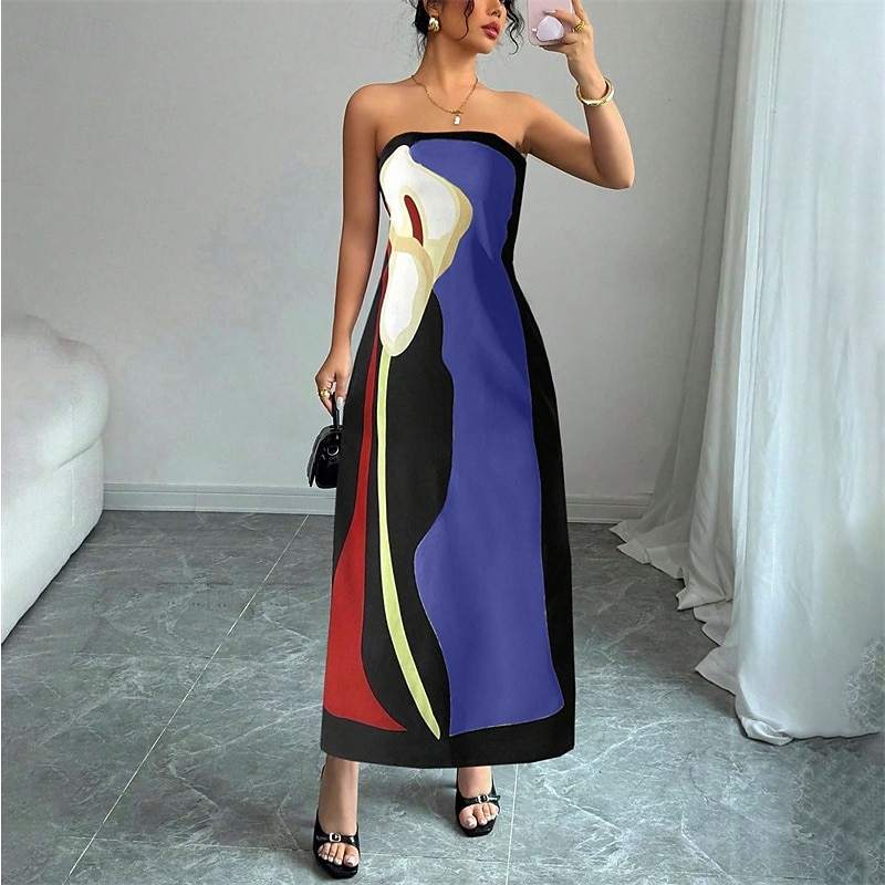 Women's Long Dress Maxi Dress Casual Dress Summer Dress Fashion Outdoor Party Holiday Regular Fit Color Block Sleeveless Cold Shoulder Blue Orange Green Summer3