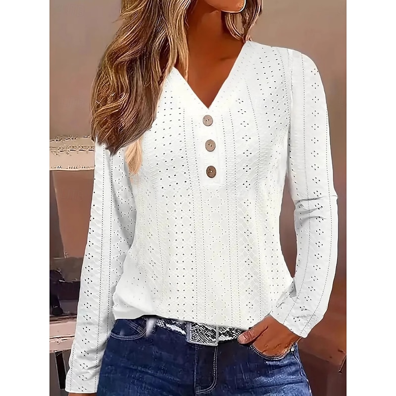 Women's Blouse Solid Color Vintage Tropical Stylish Long Sleeve V Neck Regular Tops Daily Buttons Eyelet White Yellow Pink Blue  Prefall3