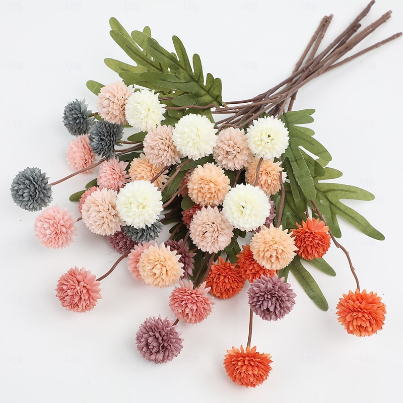 1 Bundle Simulated Dandelion Flower with 5 Ping Pong Ball Blooms, Single Branch Plastic Fake Flower for Wedding Decoration, Indoor Prop, Artificial Floral Arrangement