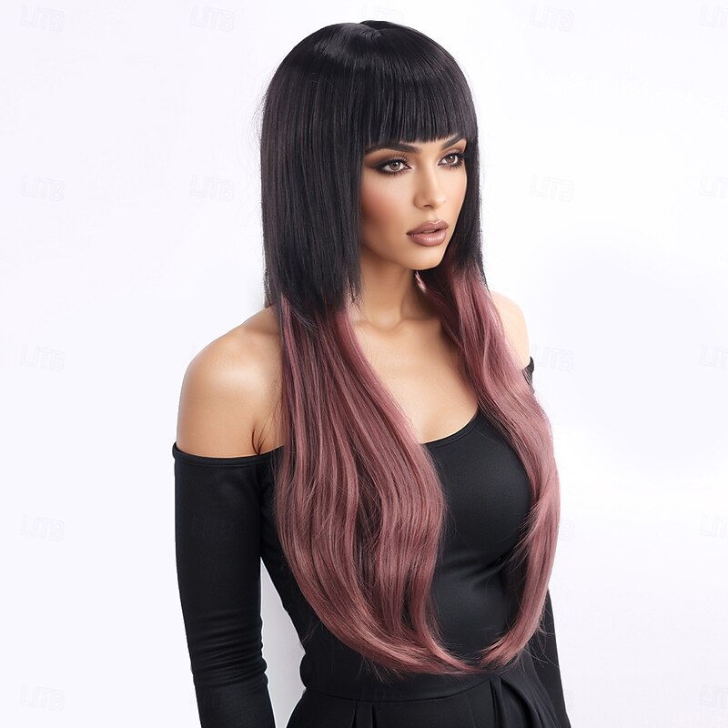 Synthetic Wig Yaki Straight Layered Haircut With Bangs Machine Made Wig 28 inch A1 Synthetic Hair Women's Classic Comfortable Color Gradient Multi-color3