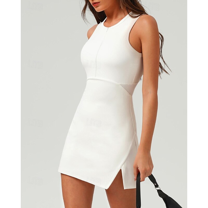 Women's Solid Colored Tennis Dress with Built in Shorts and Bra Sports Dress Sleeveless Hollow Out Zipper Split Breathable Tennis Golf Pickleball Round Neck Tank Back Navy White Tennis Clothing3