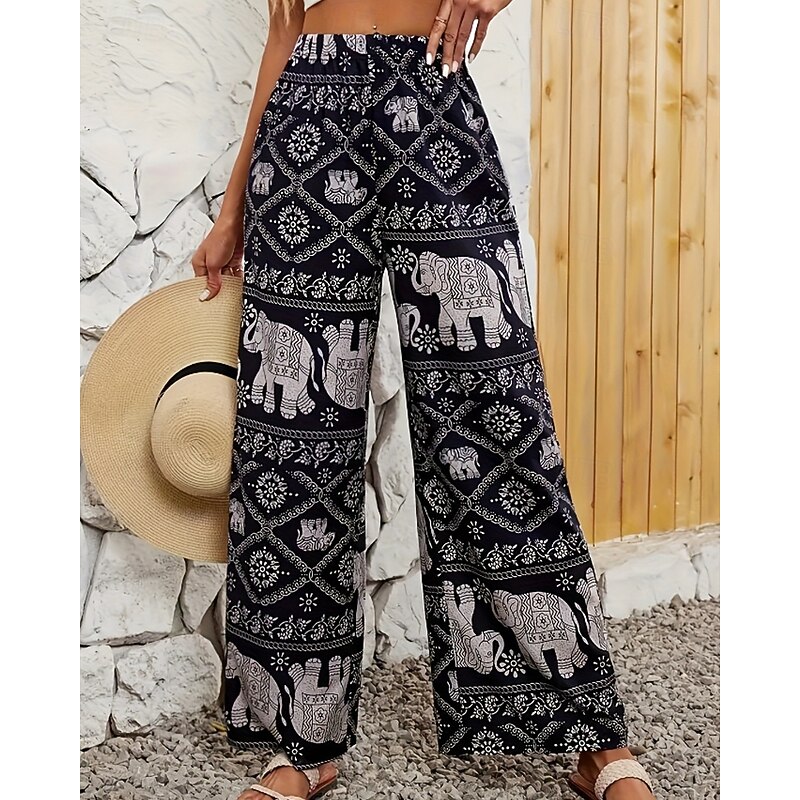 Women's Culottes Wide Leg Slacks Streetwear Boho Full Length Natural Flower Elastic Waist Printing Comfy Outdoor Outdoor Vacation Daily Black Summer Regular Fit3