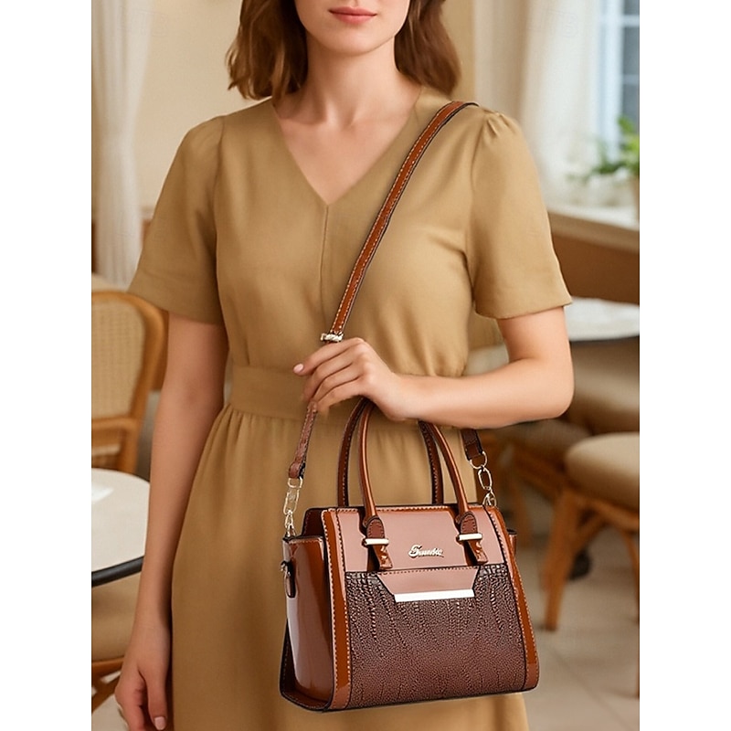 Women's Patent Faux Leather Handbag Set – Glossy Structured Top-Handle Bag with Wallet, Elegant Crocodile Pattern, for Office, Business and Formal Events2