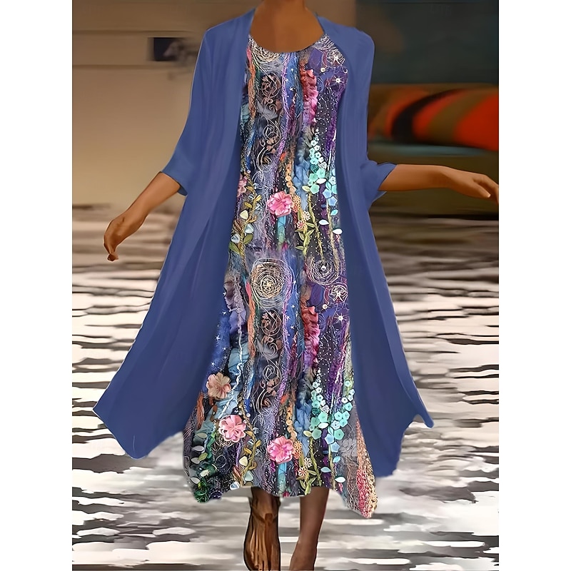 Women's Dress Set Summer Dress Vacation Casual Ombre Floral Print Maxi Dress 3/4 Length Sleeve Crew Neck Wedding Guest Birthday White Blue Purple Summer Spring Regular Fit2