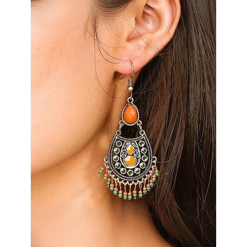 Women's Bohemian Teardrop Dangle Earrings – Vintage Tribal Style with Beaded Fringe, Lightweight Statement Jewelry for Parties and Festivals4