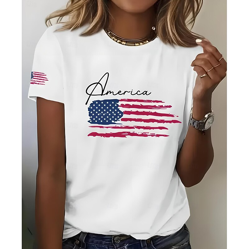 Women's Patriotic  T Shirt Graphic Flag American Flag Vintage Stylish Classic Short Sleeve Crew Neck Regular Tops Daily Weekend Print White Red Summer Spring4