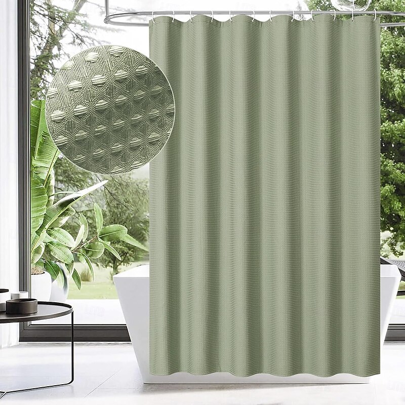 Fabric Shower Curtain Waffle Textured Heavy Duty Cloth Curtains for Bathroom, Hotel Spa Luxury Weighted Polyester Bath Curtain Set with 12 Plastic Hooks