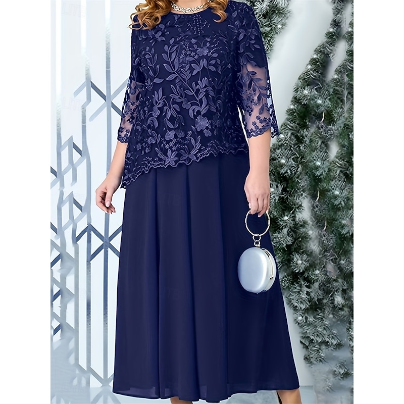 A-Line Plus Size Dress Mother of the Bride Curve Dress Elegant Crew Neck Ankle Length Lace 3/4 Length Sleeve with Solid Color