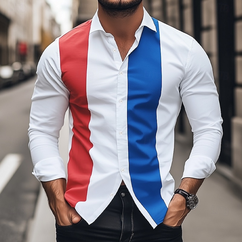 Bastille Day Men's Patriotic French Flag Shirt Summer Hawaiian Shirt Button Up Shirt Long Sleeve Hawaiian Outdoor Holiday Summer Spring Turndown 3D Print Linen Like Shirt White
