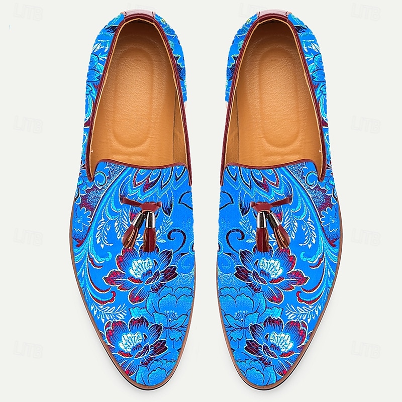 Men's Loafers Blue Jacquard Fabric Slip-On Shoes with Floral Pattern and Tassel Details for Formal Events and Parties4