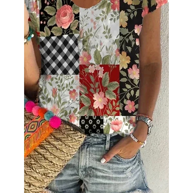 Women's T Shirt Floral Graphic Plants Bohemia Western Ethnic Short Sleeve V Neck Regular Tops Daily Going out Weekend Print White Red Blue Summer Spring3