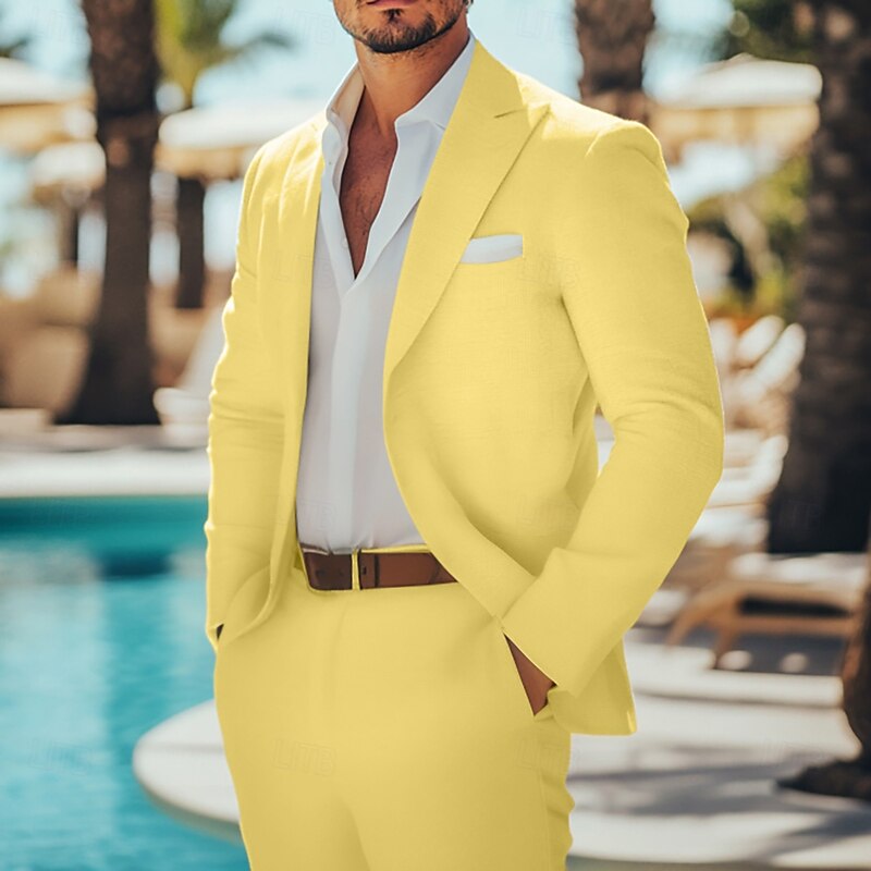 Men's Casual Wedding Linen Suits Summer Daffodil Beige Fashion Casual Solid Colored Standard Fit 2 Piece Single Breasted One-button2